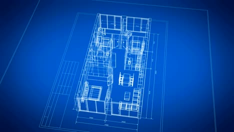 beautiful abstract 3d blueprint of building apartments with furniture turning on blue background. last turn is loop-able. looped 3d animation. construction business concept.