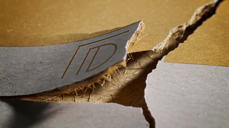 Widening hairline split on gray paper lifting triangular flap in studio macro, exposing gold logo