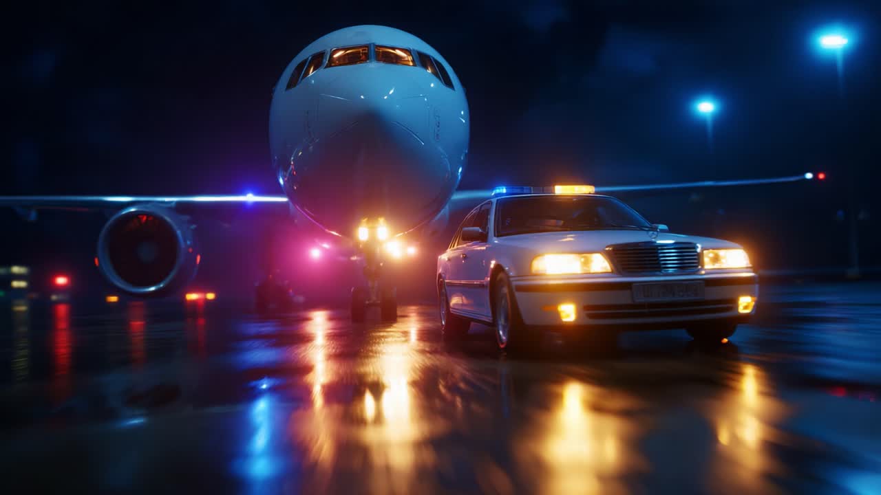 A dramatic night scene captures a taxi and police car illuminated by the lights of a large airplane at an airport, creating an intense atmosphere filled with tension and adventure