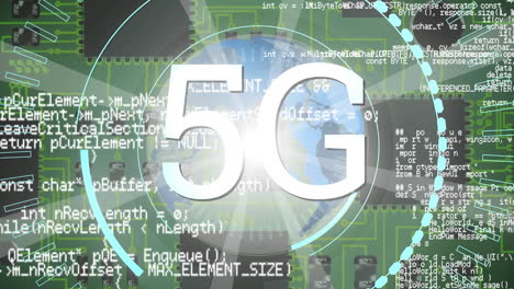 animación de 5g sobre procesamiento de datos y globo sobre circuitos integrados