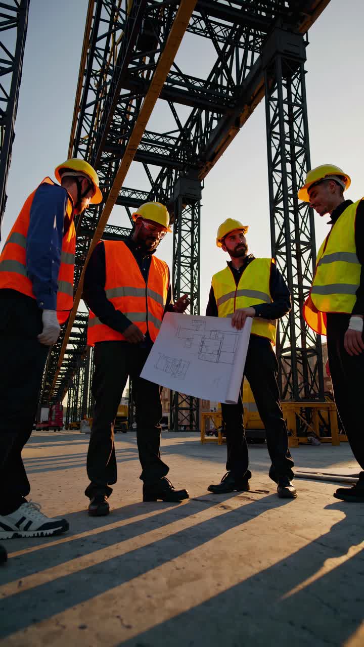 Low-angle shot of construction workers in safety gear discussing blueprints under steel beams