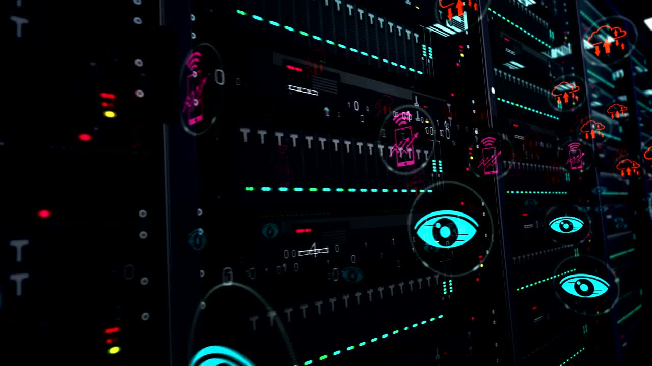 Servers room with social scoring symbols loop animation