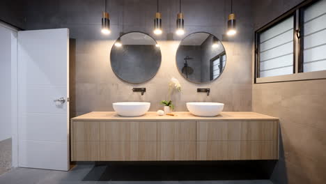 wooden double vanity with his and hers sides