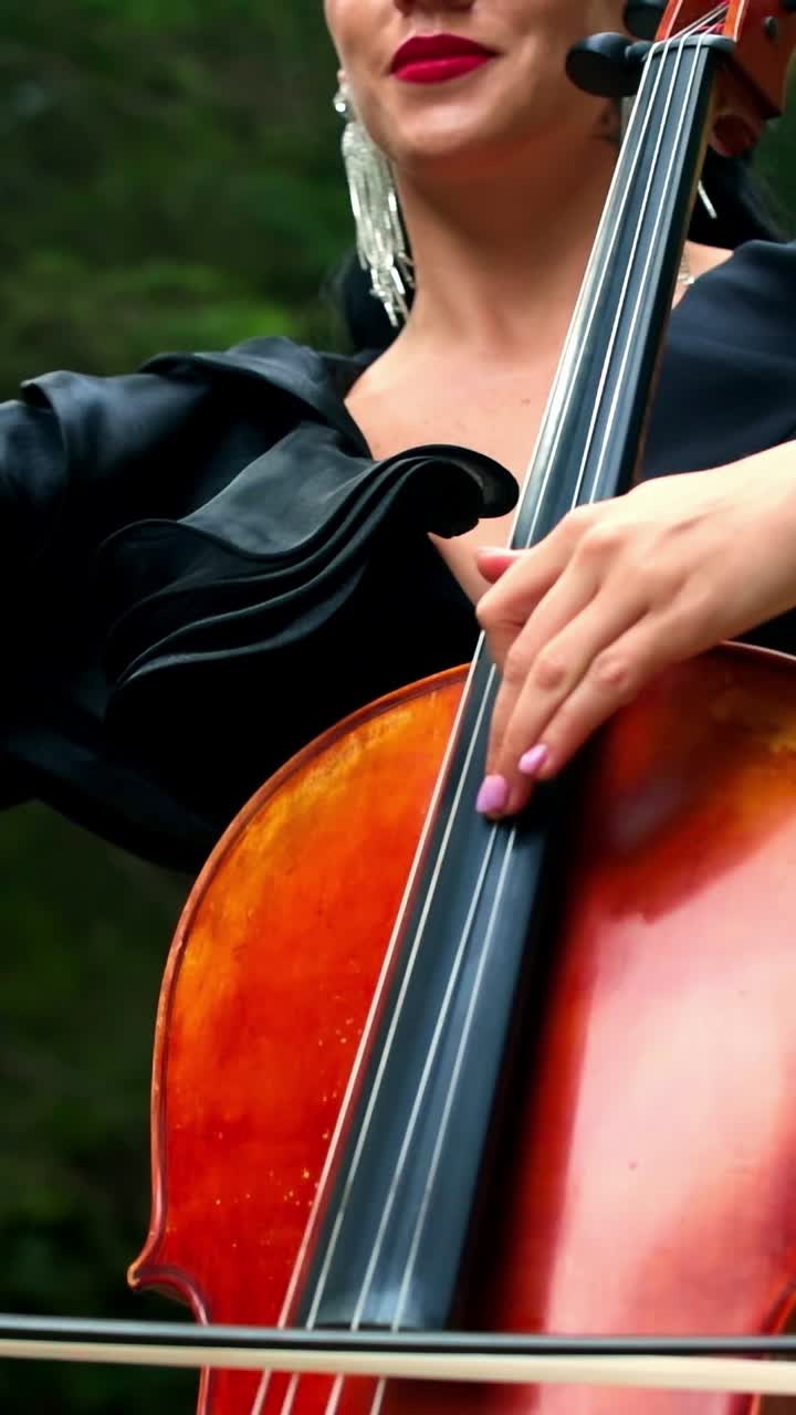 Ritratto di donna che suona il violoncello. Donna che suona il violoncello all'aperto