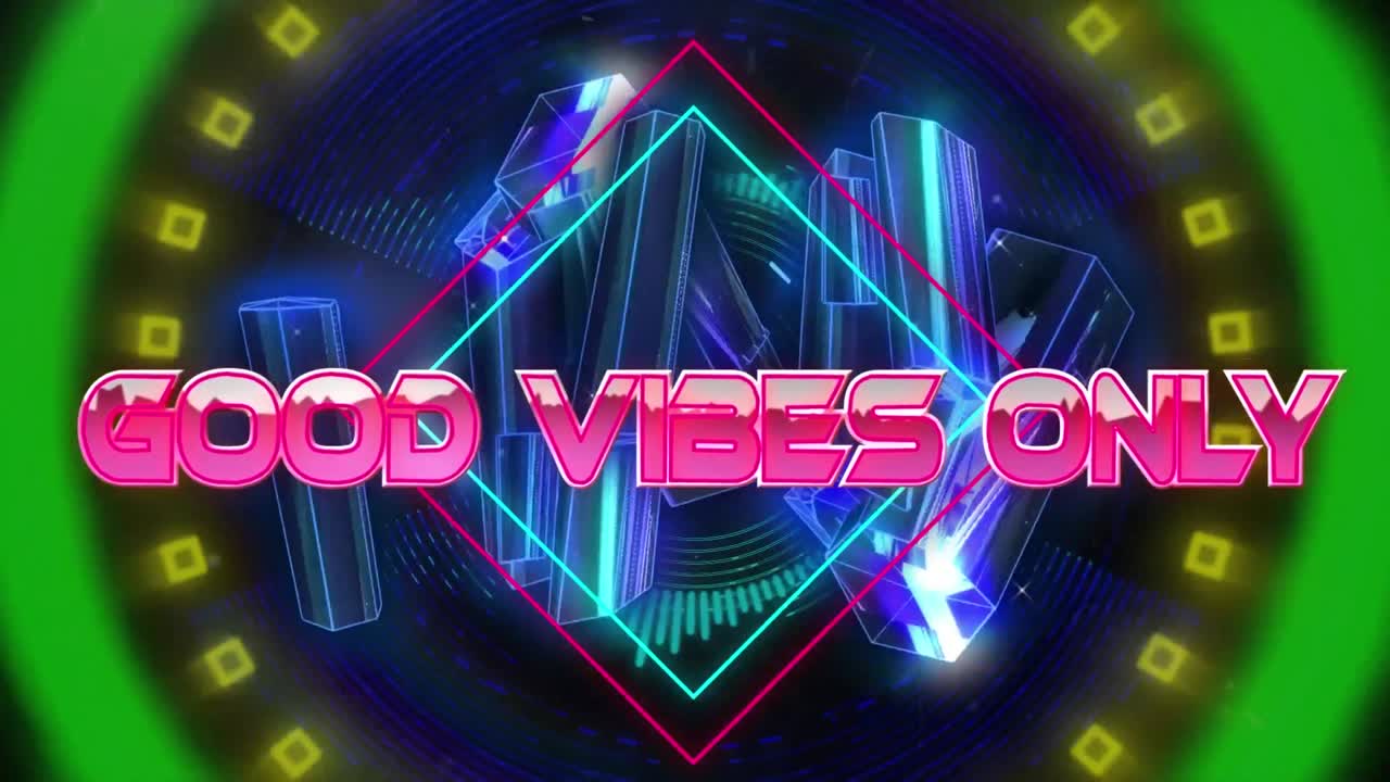 Animation von 'good vibes only' in einem digitalen, abstrakten Raum mit Kristallen