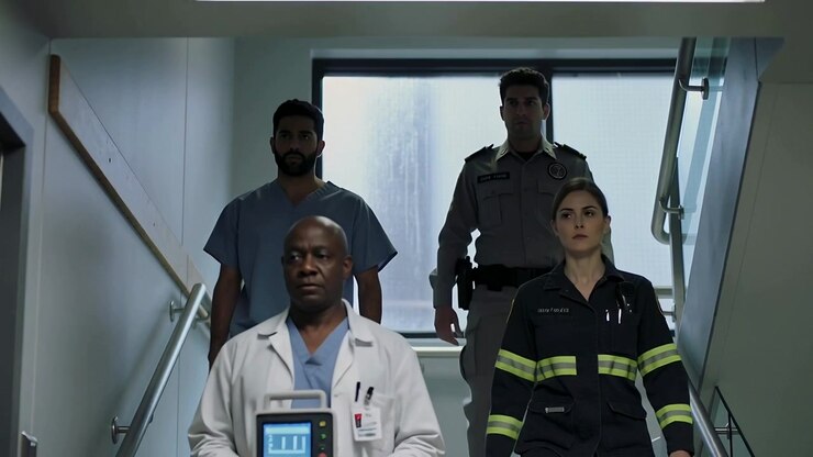 Alarm sounding sending four medical staff wearing uniforms down hospital stairs, carrying monitor