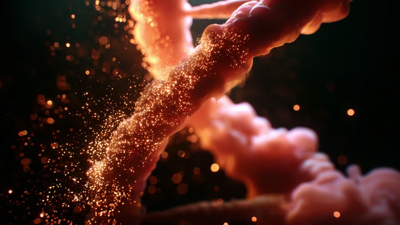 A mesmerizing display of ethereal swirling pink tendrils intertwined with sparkling golden dust, capturing the essence of fluid motion and intricate beauty in a stunning visual presentation