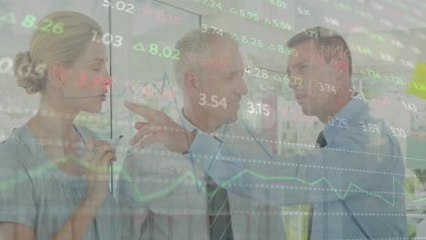animation of financial data processing over diverse business people working at office