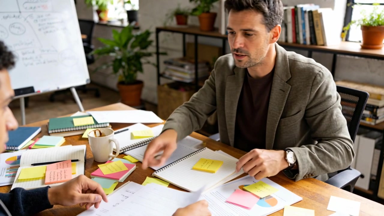 Hombre señalando con blazer color oliva, dirigiendo una revisión en una mesa de reuniones, colocando notas adhesivas para la planificación.