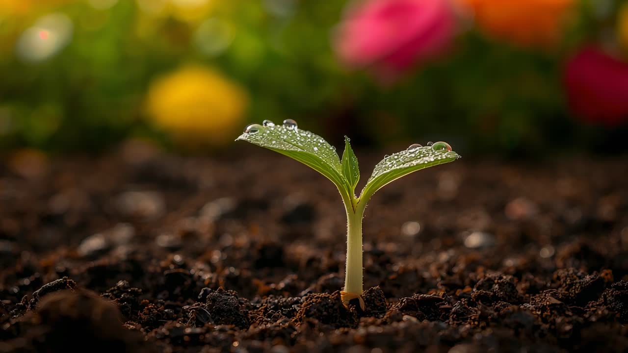Piantina luccicante con due foglie che trattiene la rugiada dopo l'irrigazione nel terreno, con fiori gialli sfocati