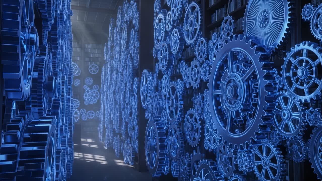 A Mesmerizing Display of Interconnected Gears and Mechanisms Illuminated in Blue Light, Creating a Stunning 3D Environment That Captures the Essence of Intricate Engineering