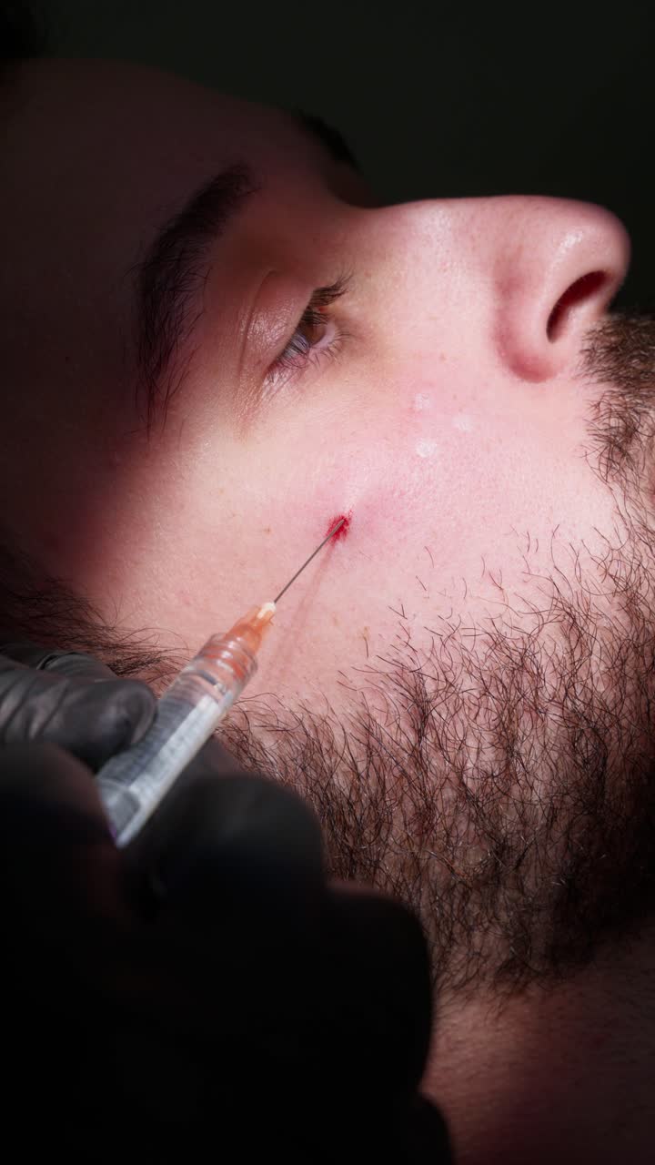 Close-up of Man Receiving Facial Injection with Syringe