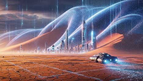 futuristic vehicle on a desert landscape: a stunning sci-fi journey through a dystopian city with glowing neon elements and technological wonders