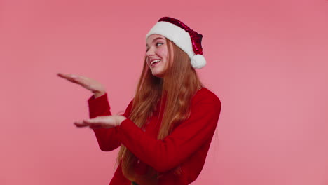 Adult-happy-cute-girl-in-Christmas-sweater-listening-music,-dancing-disco-fooling-around-having-fun