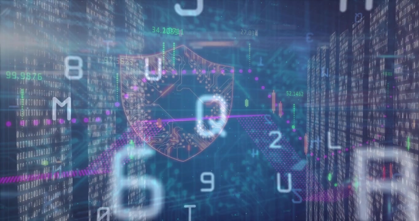 Starting tunnel, drifting codes and animating purple line, showing candlesticks, forming hex shield