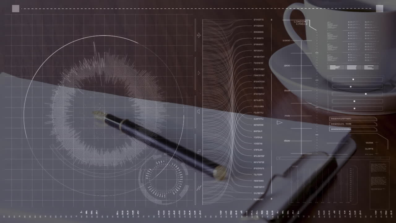 Fountain pen lying on blank sheet, coffee cup resting beside smartphone displaying HUD overlays