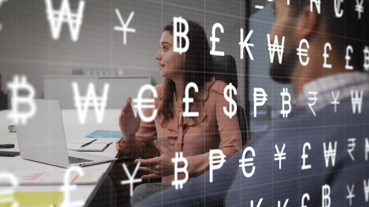 Animation of currency symbols and data processing over diverse business people in office
