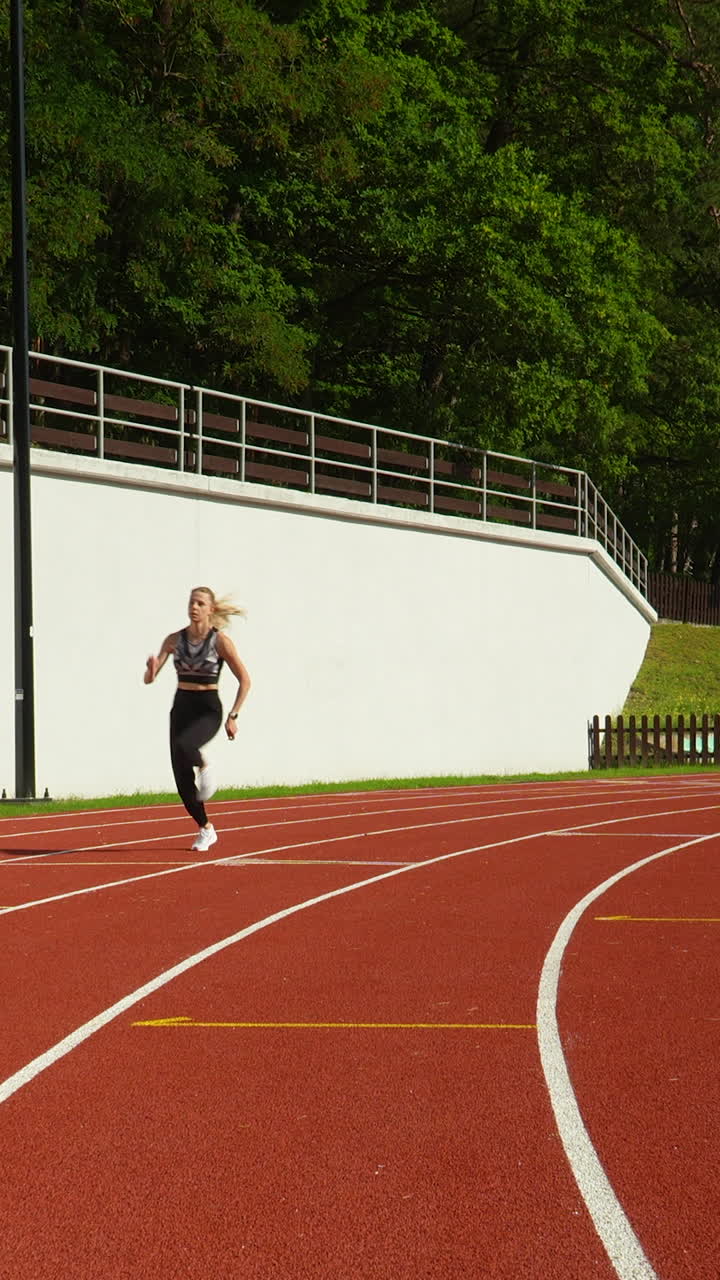 Un'atleta in forma, in abbigliamento sportivo nero, scatta lungo una pista di atletica rossa in uno stadio all'aperto durante una giornata di sole.