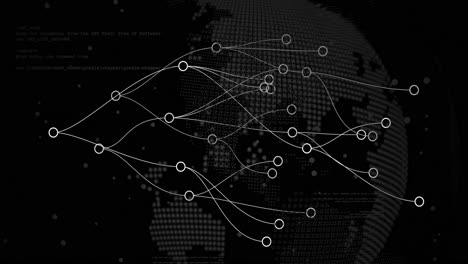 digital animation of network of connections over spinning globe against black background