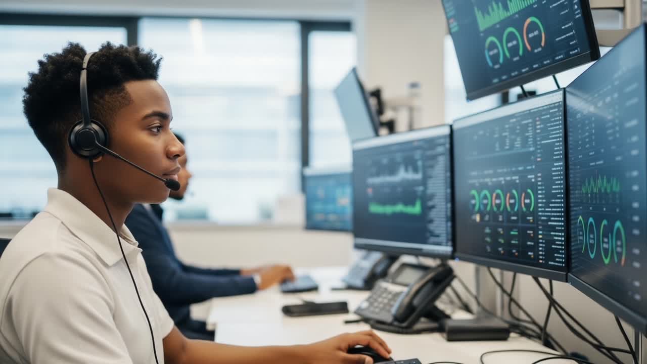 Focused Professional Analyzing Data with Multiple Screens in a Modern Office Environment, Engaged in Communication with Colleagues and Monitoring Performance Metrics