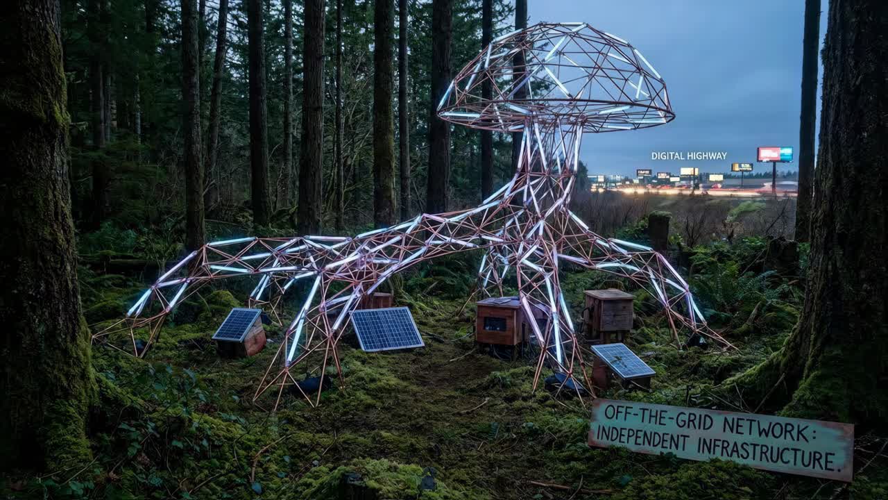 Scultura di rete off-grid nella foresta