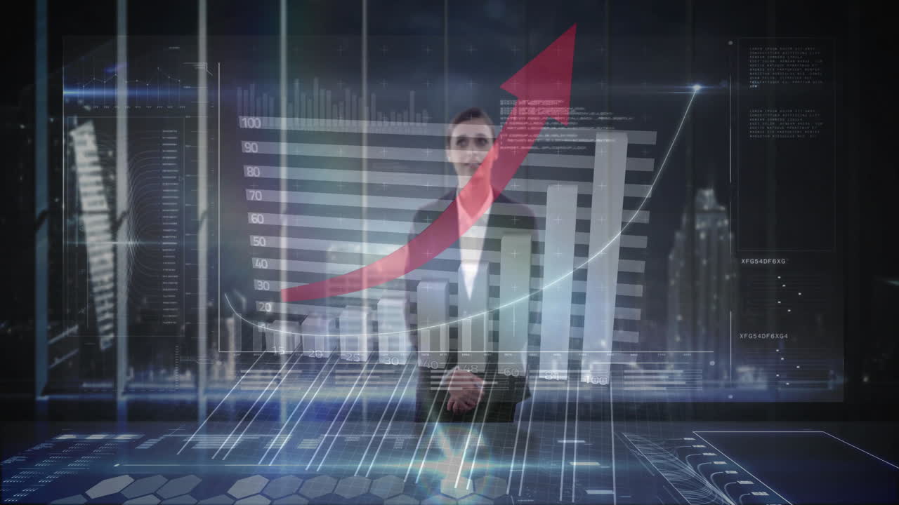 Businesswoman with financial growth charts and data processing animation overlay