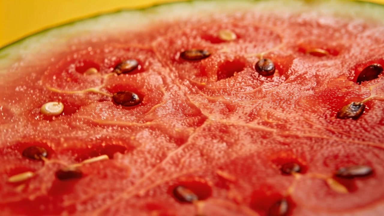 Pulling back camera revealing halved watermelon on yellow set, showing red flesh, seeds, rind