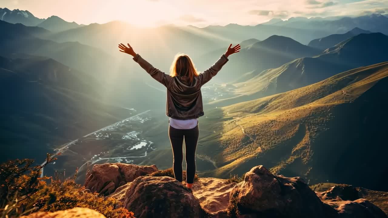 Aerial video angle of a person with arms raised, embracing a vast mountain landscape at sunrise
