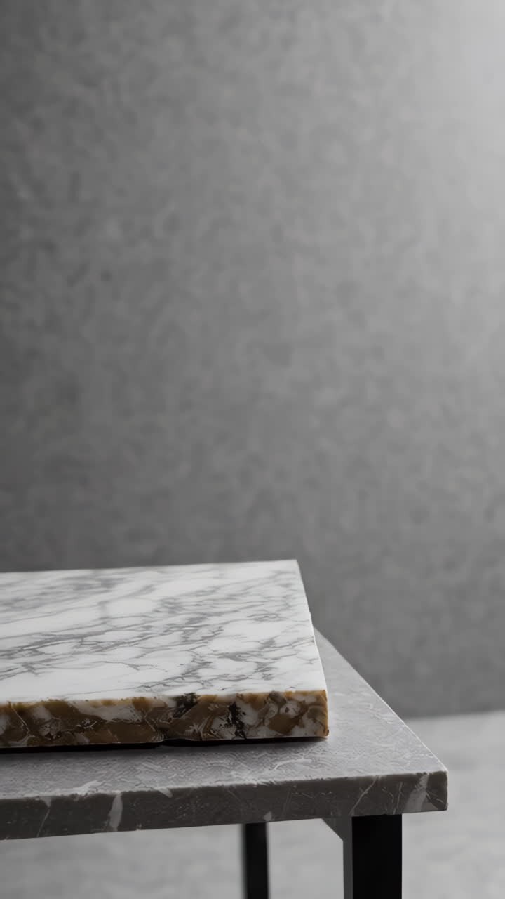 Esposizione elegante su piano in marmo contro una parete grigia