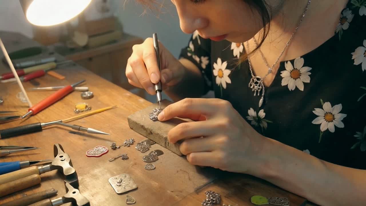 Close-up of Artisan Woman Making Handmade Jewelry with Tools