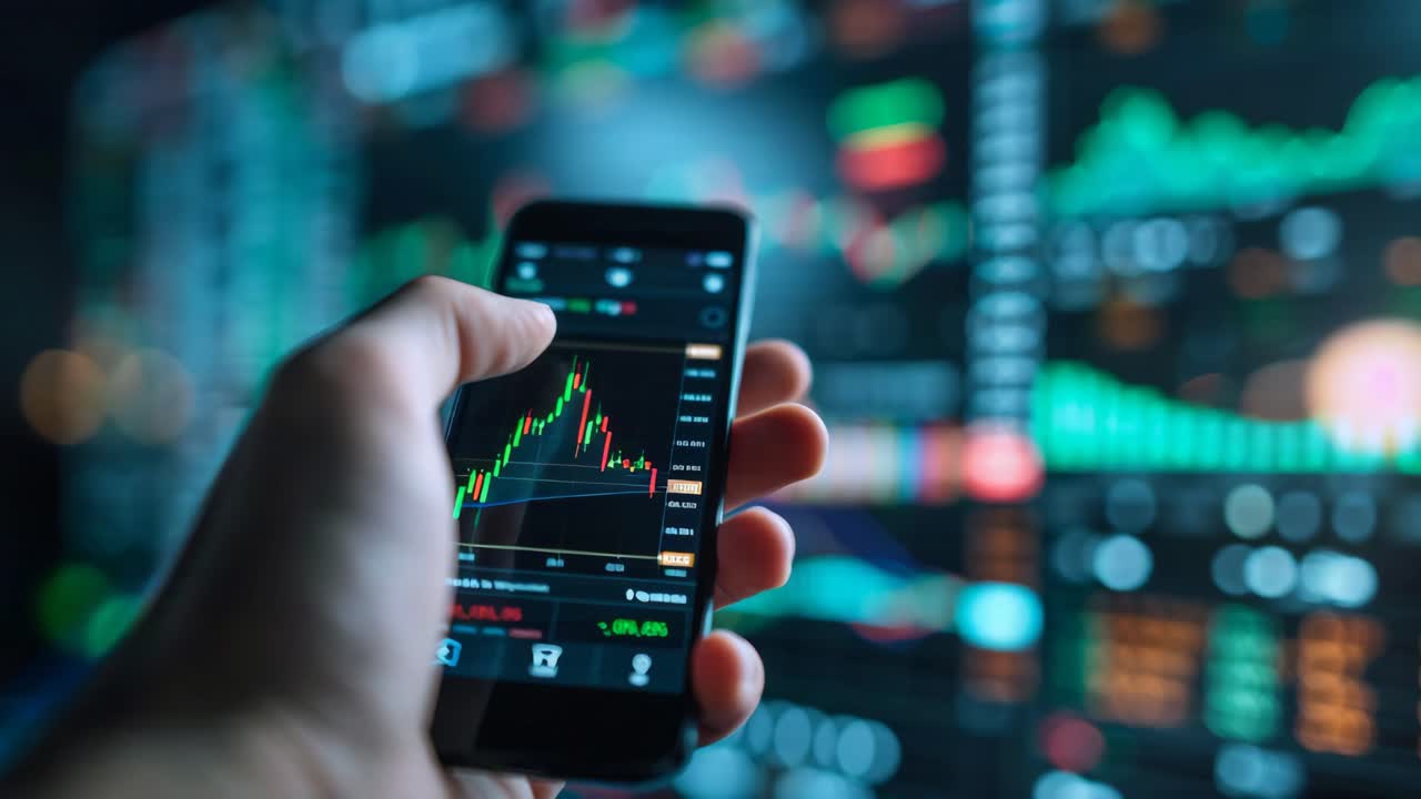 Person Monitoring Stock Market Trends on Smartphone and Multiple Monitors
