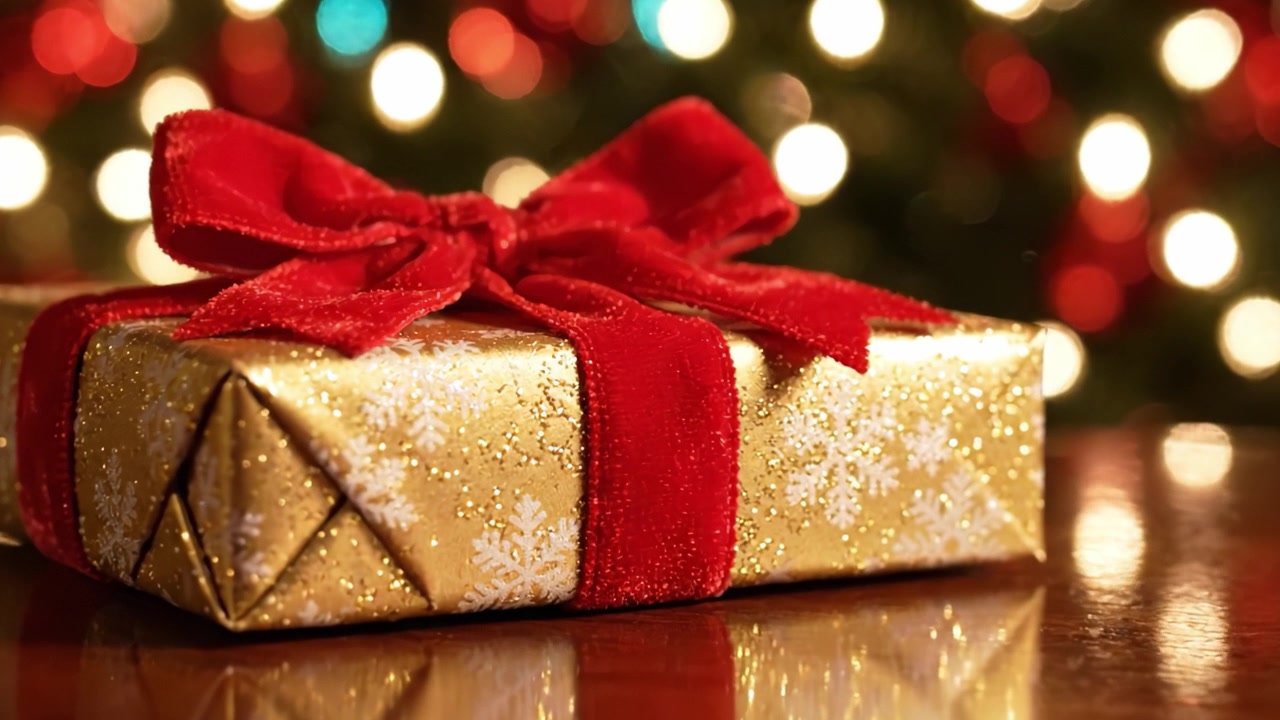 Una festosa scatola regalo dorata con nastro rosso su una superficie riflettente, circondata da luci natalizie colorate e sfocate sullo sfondo, perfetta per la stagione delle feste