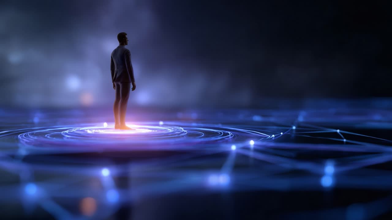Una figura solitaria si erge illuminata al centro di una rete digitale, circondata da connessioni radiose, simboleggiando isolamento e connettività in uno spazio virtuale.