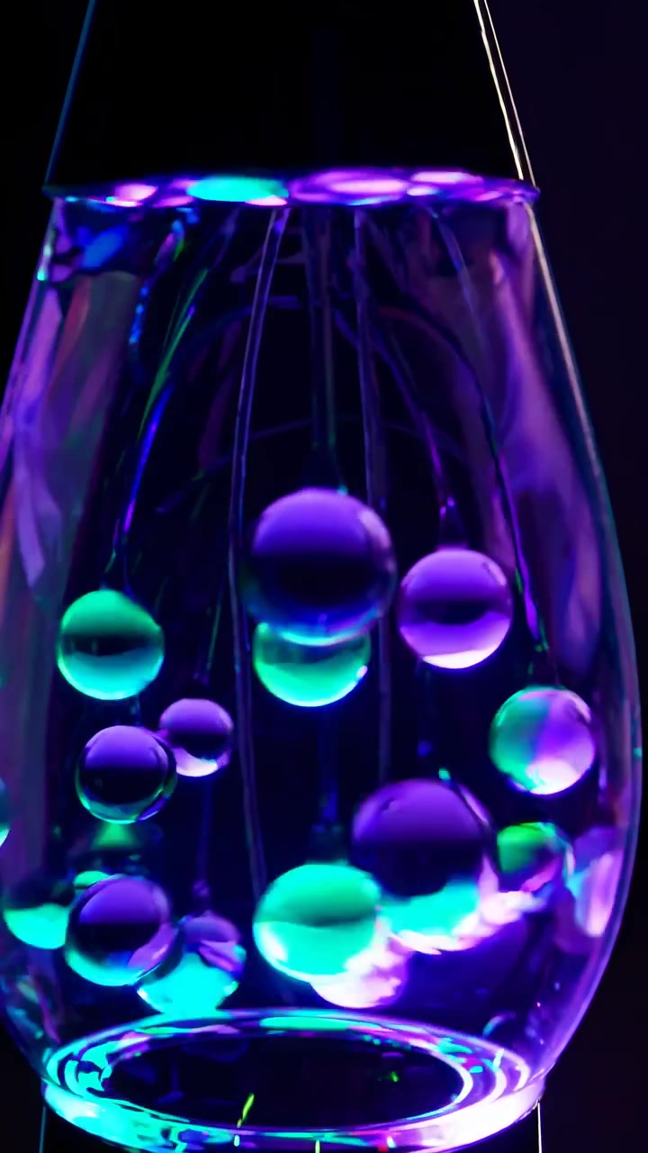 Bolhas líquidas roxas e verdes brilhantes em uma lâmpada decorativa.