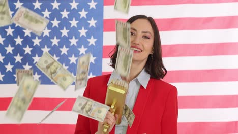 woman with billionaire money gun and flying us dollars against american flag