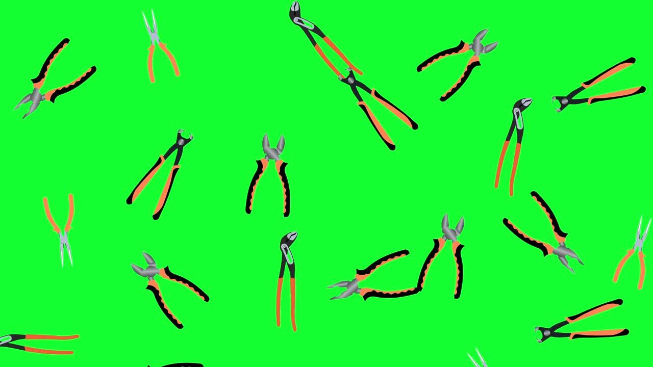 Working pliers tools elements falling animation, on green screen chroma key, seamless loop