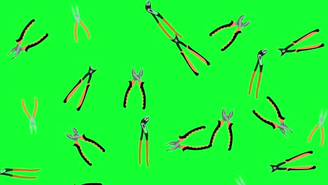 herramientas de pinzas de trabajo elementos de caída animación, en pantalla verde clave de croma, bucle sin costuras