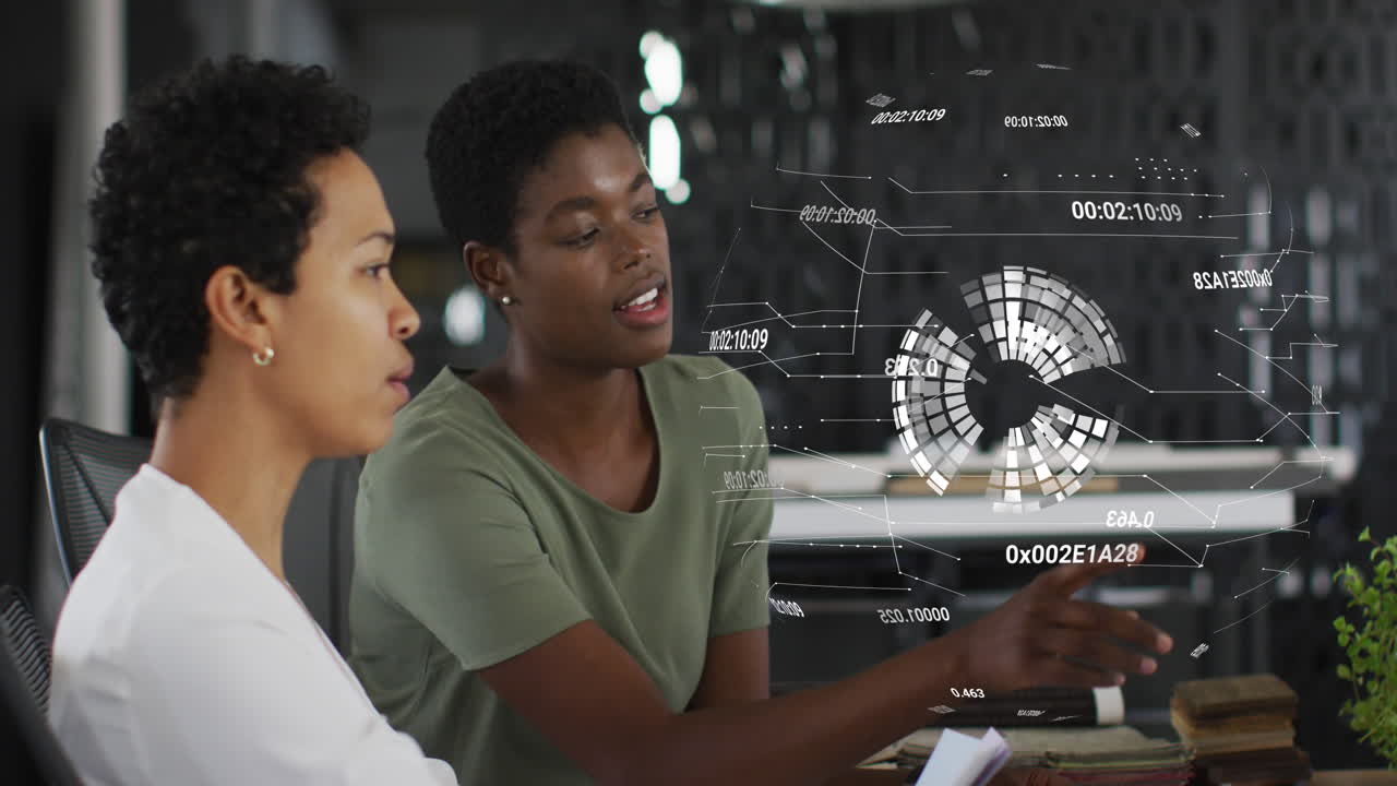 Animation of data processing and globe over diverse business people talking in office