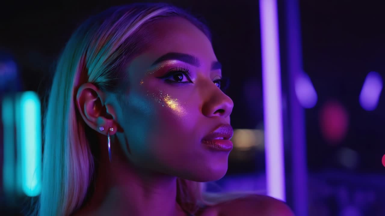 Portrait of a woman with neon lights and makeup