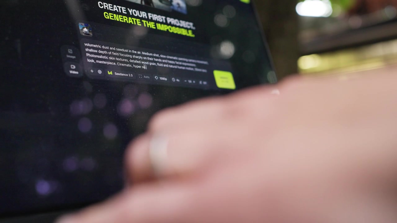 Hand writing video prompt for AI-generated content on digital device.