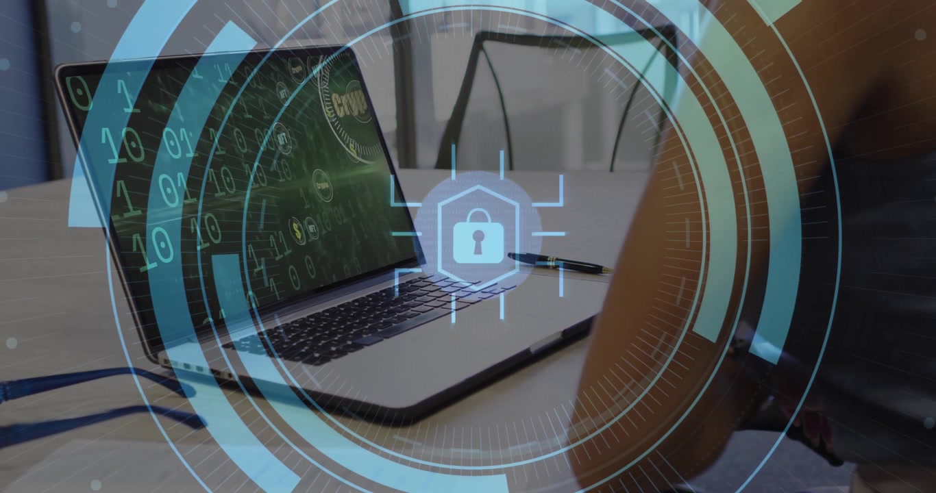Woman tapping laptop over binary code, activating security overlay with blue rings and padlock