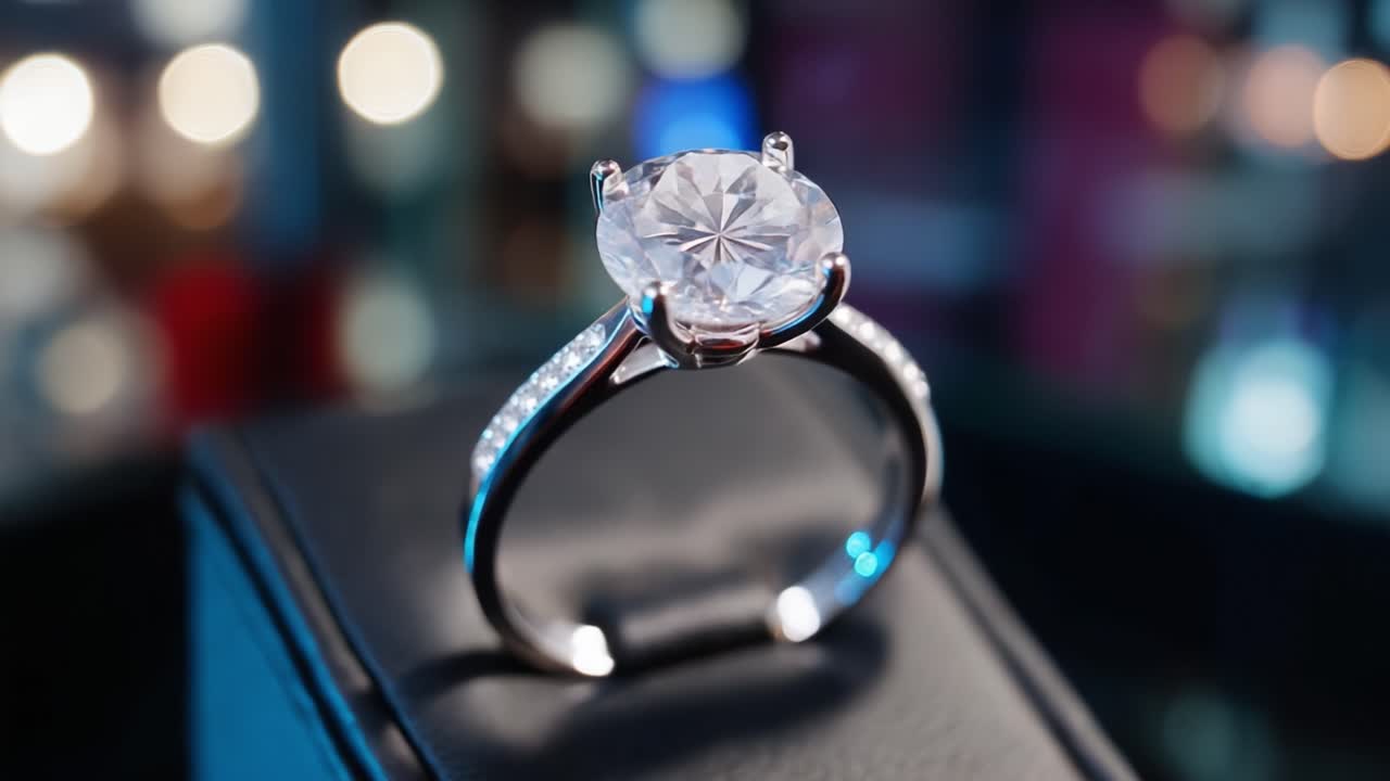 Eleganza abbagliante: un primo piano di uno splendido anello di fidanzamento con diamante che mostra il suo taglio brillante e la squisita fattura su uno sfondo leggermente sfocato.