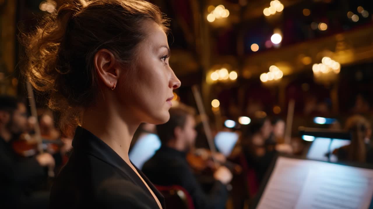 Fascino Concentrato: La Presenza Composta di un Musicista in una Grande Sala da Concerto Durante un'Esibizione dal Vivo con un'Orchestra che Prepara la Scena per la Magia Musicale