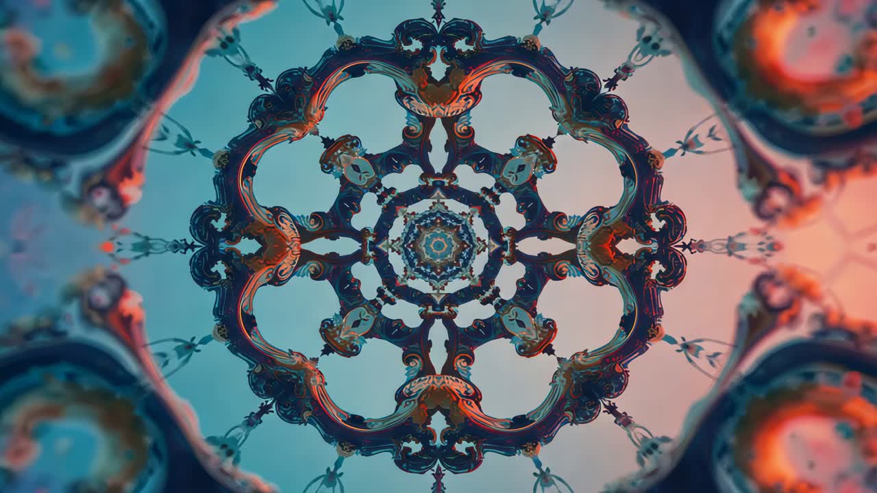 Opening fractal mandala pulsing and rotating in digital space, revealing arches, petals and gems
