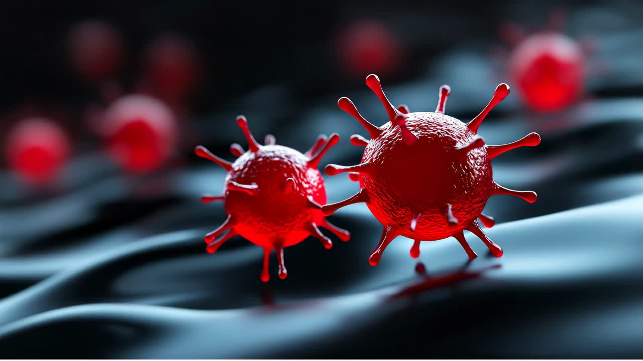 Red viruses on dark surface. Red viruses are shown in close-up against a dark background, highlighting their unique structures