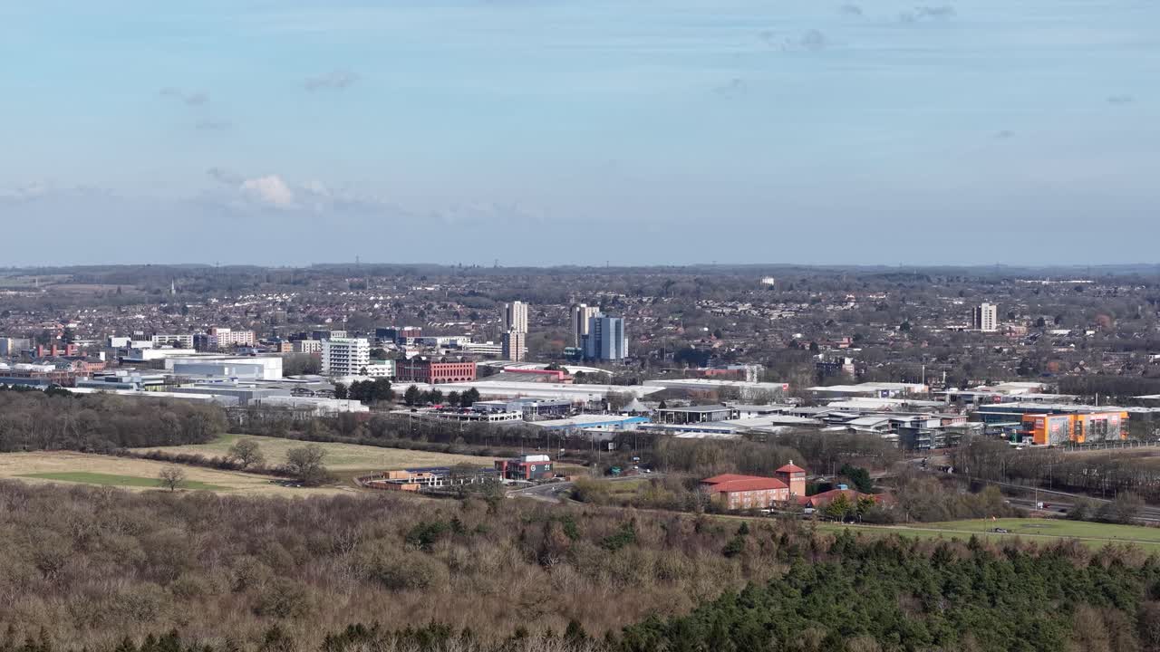 Stevenage UK city landscape aerial view heading towards GSK industrial pharmaceutical facility