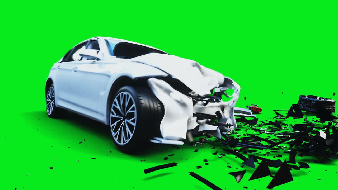 el coche blanco genérico 3d se estrella contra una pared invisible. concepto de accidente automovilístico. pantalla verde animación 4k.