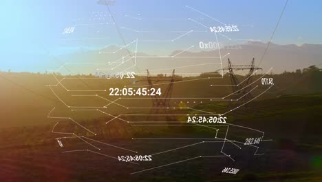 Animation-of-coordinates-and-connections-over-electricity-poles-at-sunset