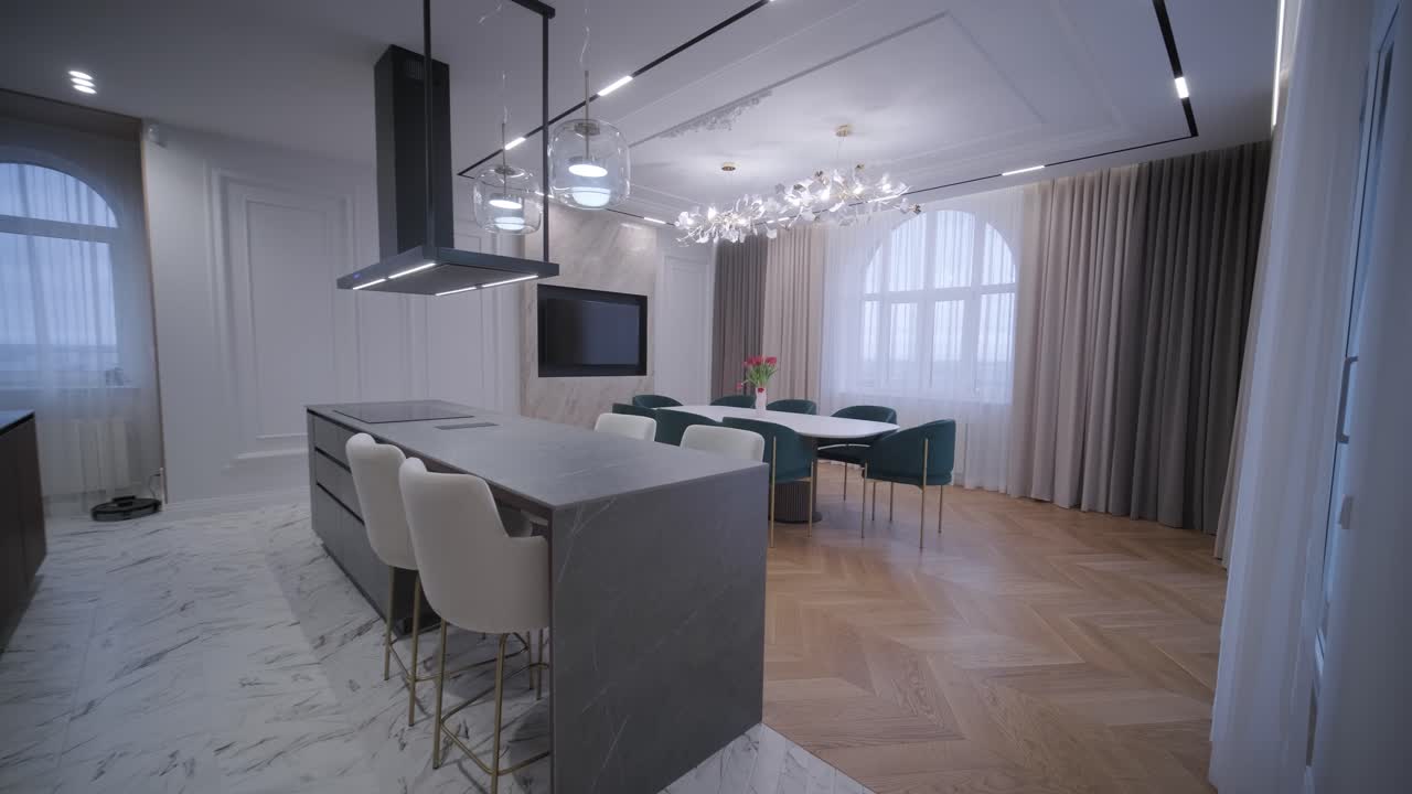 Elegant open-plan living space combining a modern kitchen with marble flooring and a dining area with a unique chandelier