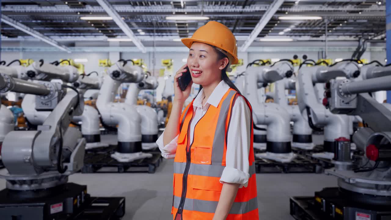 여성 엔지니어가 로과 함께 공장에서 전화로 이야기하고 있습니다.